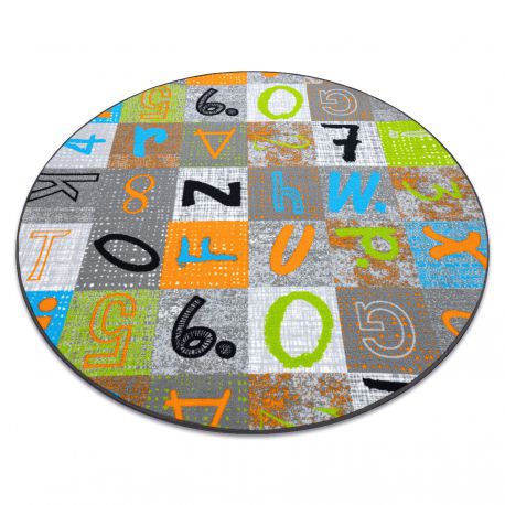 Okrúhly koberec na deti JUMPY Slátanina, Písmena, Čísla sivá / oranžová / modrá
