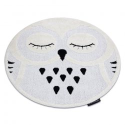 Модерен детски килим JOY кръг Owl, Бухал за деца - структурни две нива руно сиво / кремаво