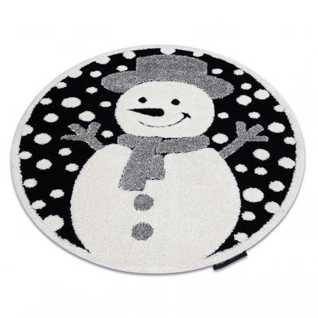 Tapete infantil moderno JOY Circulo Snowman boneco de neve, para crianças - estrutural de dois níveis de lã preto / creme
