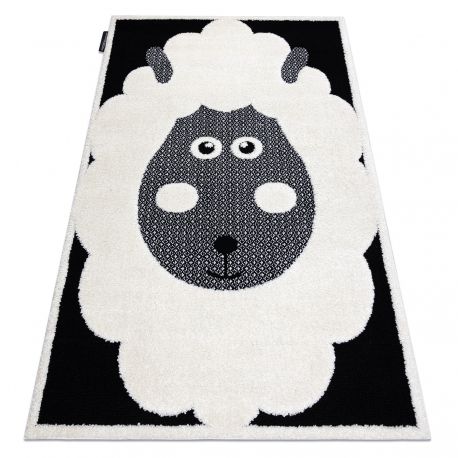 Moderný detský koberec JOY Sheep, ovca , štrukturálny dve vrstvy rúna, krémová čierna