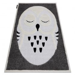 Alfombra infantil moderna JOY Owl, Búho para niños - estructura dos niveles de vellón gris / crema