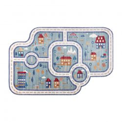 Детски килим TOYS 75321 улици за деца - модерен, неправилна форма, 3д ефект, тъмно син - тюркоаз, кремав
