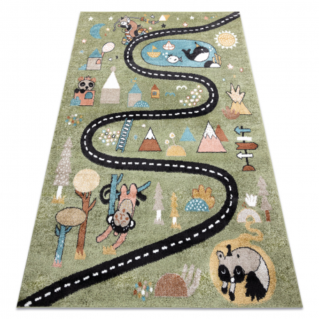 Teppich FUN Route für Kinder, Straße, Tiere grün