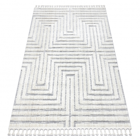 Matta SEVILLA Z788A labyrinth, grekisk vit / grå Fringe Berber marockansk shaggy