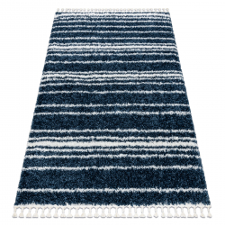 Tapijt UNION 4080 Strips blauw / crème Kwastjes berbery Marokkaanse shaggy