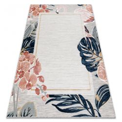 DISTIN 0843A white / navy blue / blue modern carpet - Ornament, frame, vintage, fringes