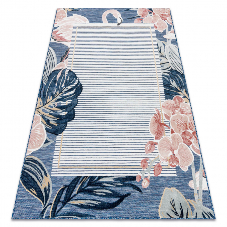 DISTIN 0845A weiß / marineblau / blau moderner Teppich - Abstraktion, Rahmen, Vintage, Fransen