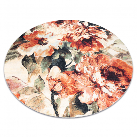 ANTICA 24 tek vloerkleed cirkel, modern bladje, bloemen wasbaar - terracotta