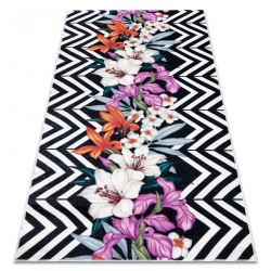 ANDRE 2300 tapijt wasbaar bloemen, zigzag antislip - zwart / witrand