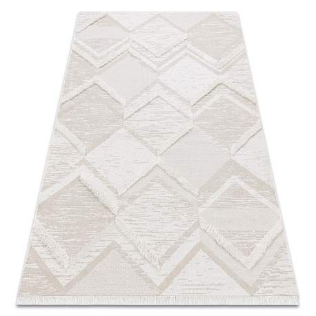 Carpet ECO SISAL MOROC 22314 rhombuses, lines, boho fringe - structural beige / cream