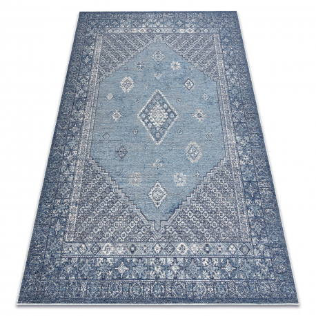 Tapis en laine ANTIGUA 518 76 KB500 OSTA - Rosace, cadre, tissé à plat gris / bleu 