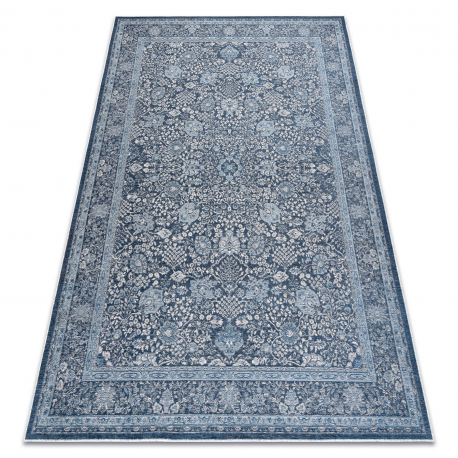 Tapis en laine ANTIGUA 518 74 KB500 OSTA - Fleurs, cadre, tissé à bleu foncé 