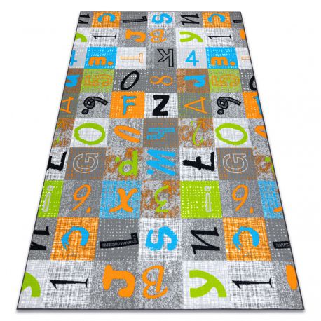 Montert teppe for barn JUMPY Patchwork, bokstaver, tall grå / oransje / blå