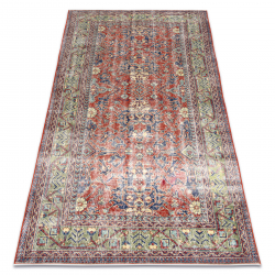 HANDGEKNOPT wollen tapijt Vintage 10267, frame, bloemen - rood / groen 