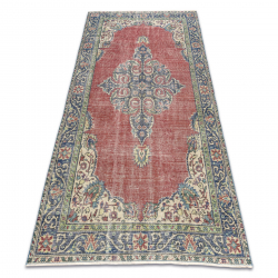 HANDGEKNOPT wollen tapijt Vintage 10525, ornament, bloemen - rood / blauw