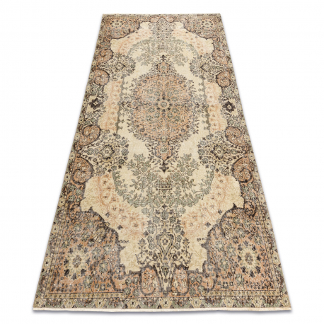RANKAIS MAZGTAS vilnonis kilimas Vintage 10003, ornamentas, gėlės - smėlio spalvos / žalias 