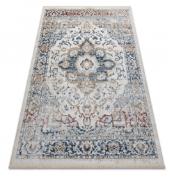 Tapis moderne DISTIN 0834A bleu marine / bleu / jaune / terre cuite - Ornement, vintage, franges