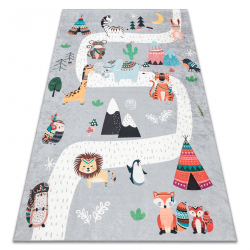 BAMBINO 2160 alfombra lavable Calles, pueblo indio, animales para niños, antideslizante gris - PRODUCTO DE SEGUNDA CLASE