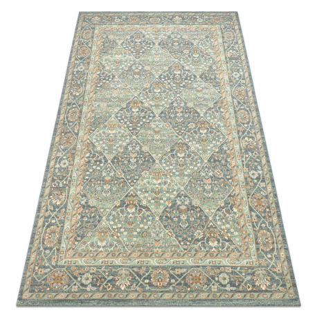 Wollteppich SOHO 477.27.LA500 OSTA - Rhombus, Rahmen geometrisch natur grün / blau