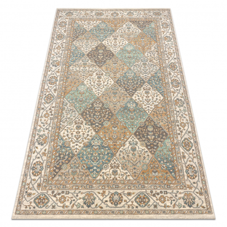 Wollteppich SOHO 477.27.LA990 OSTA - Rhombus, Rahmen geometrisch natur beige / grün 