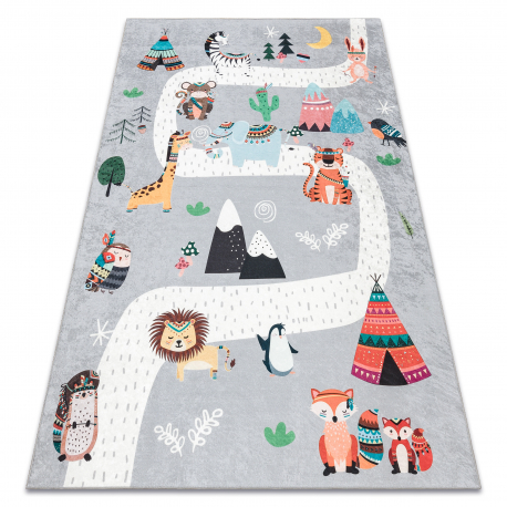 Tapis lavable BAMBINO 2160 Rues, village indien, animaux pour enfants, antidérapant gris - PRODUIT DE DEUXIÈME QUALITÉ