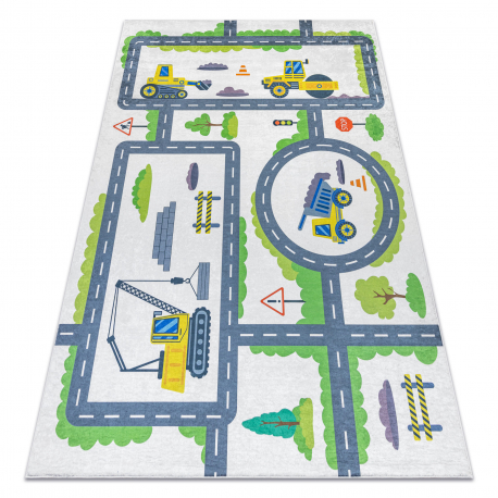 BAMBINO 2338 Waschteppich Bagger, Straßen für Kinder Anti-Rutsch - weiß / grün
