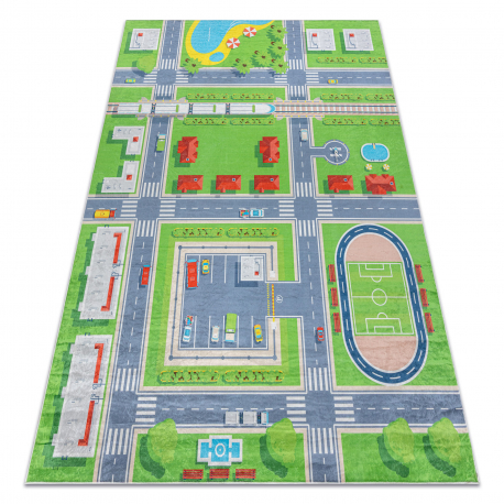 BAMBINO 2624 Waschteppich Stadt, Straßen für Kinder Anti-Rutsch - grün / grau 