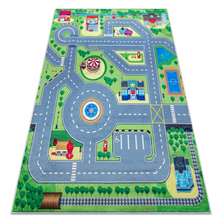 BAMBINO 9028 Waschteppich Stadt, Straßen für Kinder Anti-Rutsch - grün / grau 