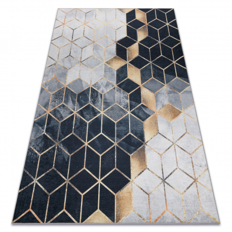 Tapis lavable ANDRE 1171 Cube, géométrique antidérapant - noir / or - PRODUIT DE DEUXIÈME QUALITÉ