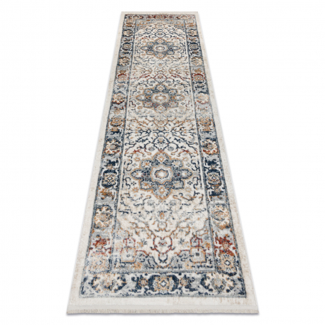 DISTIN 0834A navy blue / blue / yellow / terracotta modern carpet, runner - Ornament, vintage, fringes