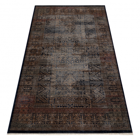 Tapis en laine KESHAN franges, Cadre oriental 1251/53511 L'or / bleu foncé
