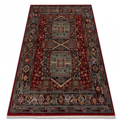 Covor Lână KESHAN franjuri, Ornament, cadru oriental 7275/53588 vin roșu / verde