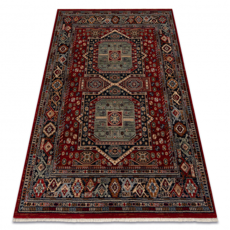 Dywan wełniany KESHAN Frędzle, Ornament, ramka orientalny 7275/53588 bordo / zielony 