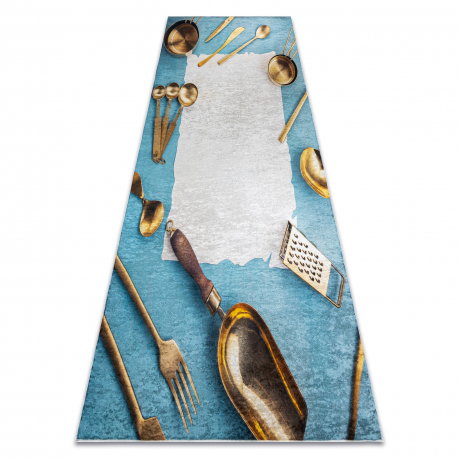 Tappeto lavabile ANDRE 33220 Cucchiai, per la cucina, antiscivolo - blu / oro 
