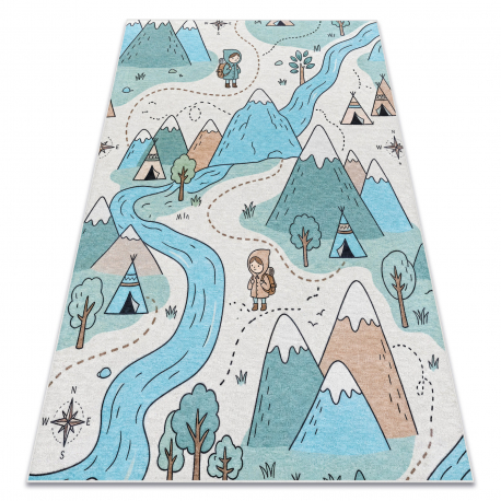 BAMBINO 61590 vasketeppe Elv, spor, tog for barn anti-skli - krem / blå